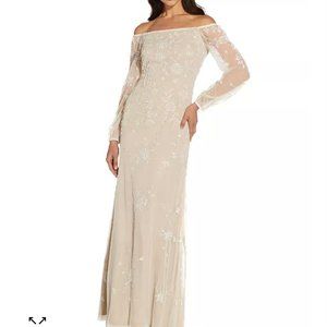 Adrianna Papell Ivory Embellished off the shoulder sleeve dress gown 4